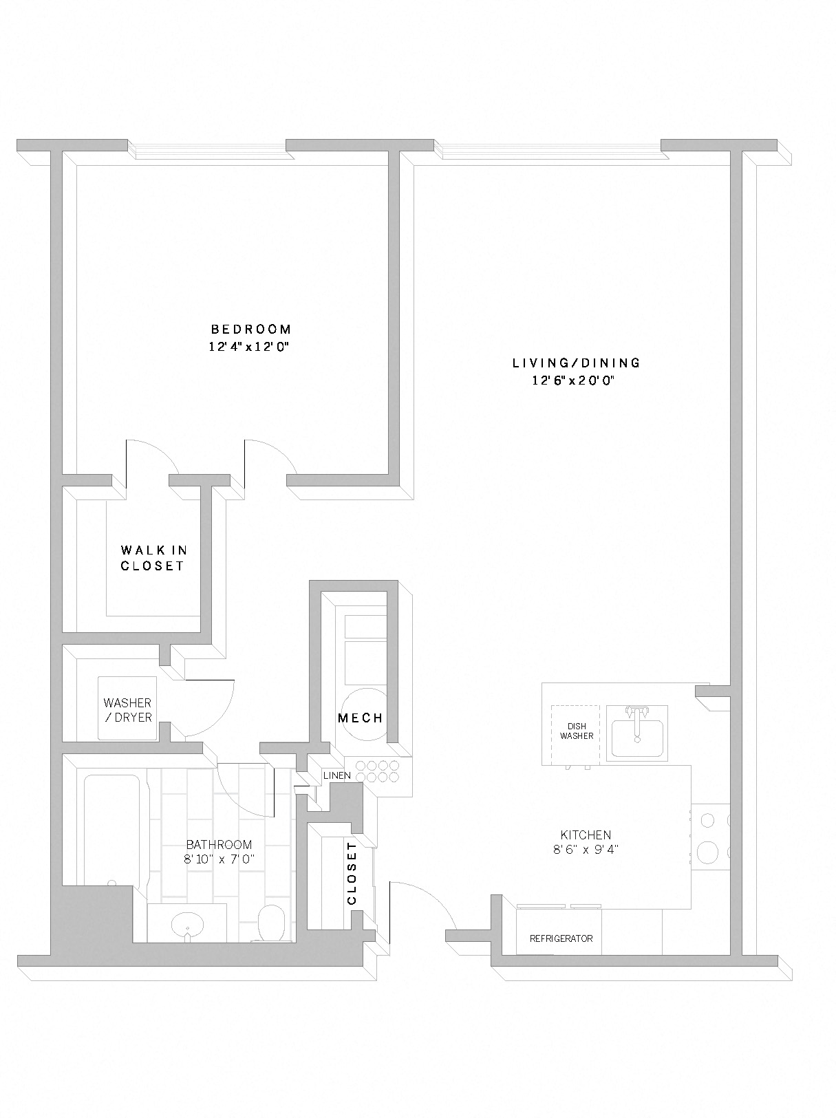 Floor plan for 1 bed, 1 bath, 818 sqft